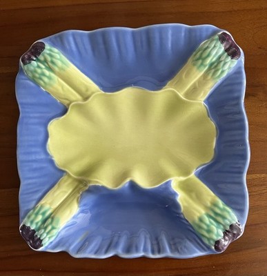 RARE AU BAIN MARIE BLUE AND YELLOW MAJOLICA ASPARAGUS PLATE WITH DIPPING WELL