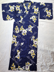 Japanese Style Kimono Cotton Yukata Blue Floral Dragonfly NO Belt 63" Long