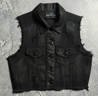 Killstar Distressed Black Vest Gothic Punk Button Up Sleeveless Jacket S