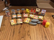Mini Play Food Lot 23 Pieces Plastic Cans And Bottles And Cardboard Boxed Foods