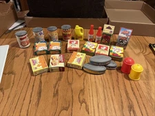 Mini Play Food Lot 23 Pieces Plastic Cans And Bottles And Cardboard Boxed Foods