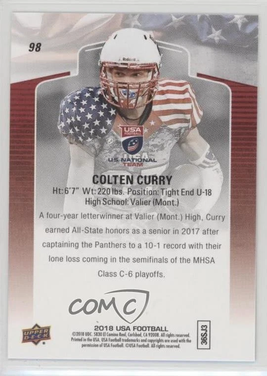 2018 Upper Deck USA Football Blue Border Colten Curry #98 - Image 2 of 2