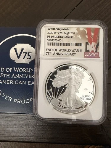 2020 W Proof $1 Silver American Eagle V75 WWII Privy Mark NGC PF69 Ultra Cameo