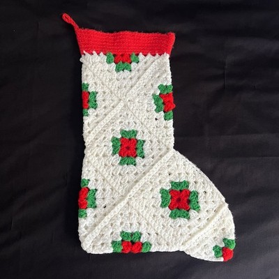 Vintage Crochet Granny Square Christmas Stocking Red Green White Large Retro EUC