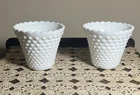 2 Vintage Fenton Round White Milk Glass Hobnail Planter Jardiniere Scallop Rim