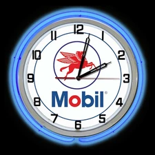 15" Mobil Gas and Oil Sign Double Blue Neon Clock Man Cave Garage Shop Station