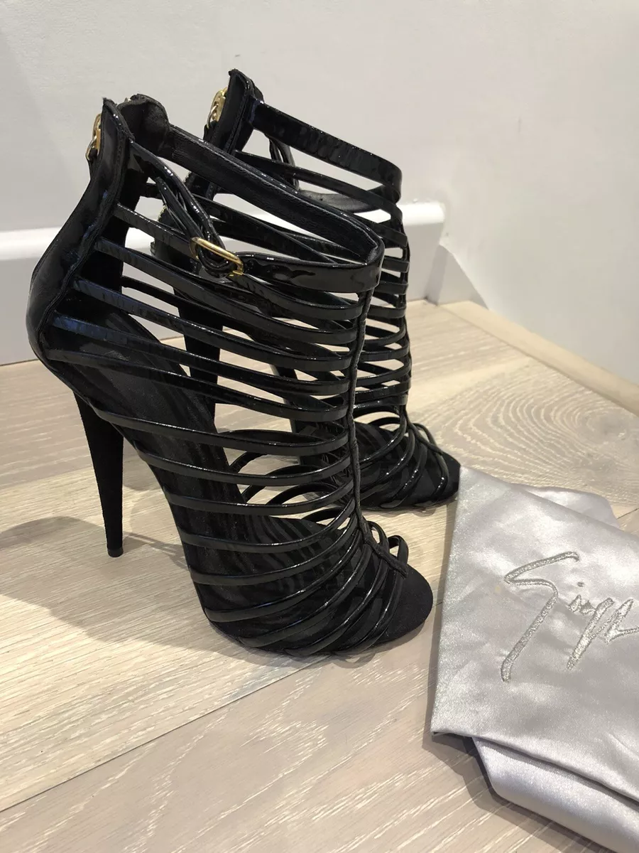 Giuseppe Zanotti Black Patent Cage Heels Strappy Sandals Shoes Size 39 EU 6 UK