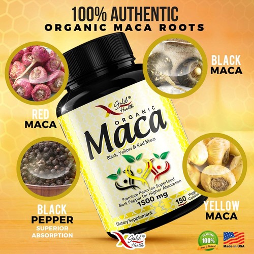 Organic Maca Root Capsules Black, Yellow, Red Strongest 1500 mg