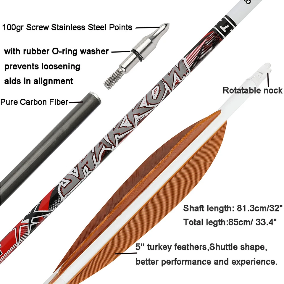 32" Pure Carbon Arrows 5" Feather SP300-800 Recurve Compound Bow Archery Hunting - Image 4 of 4