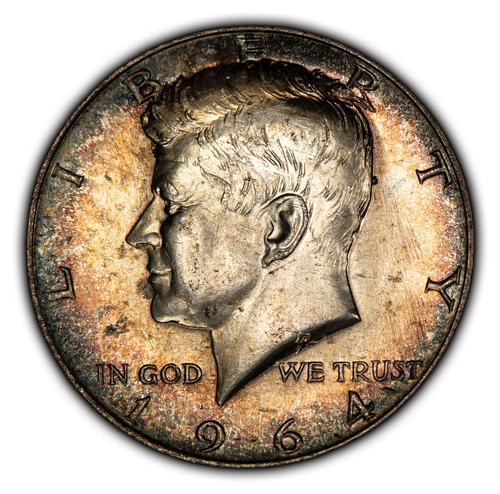 1964 50c Kennedy Silver Half Dollar - Speckled Rainbow Rim Toning - BU - H2515