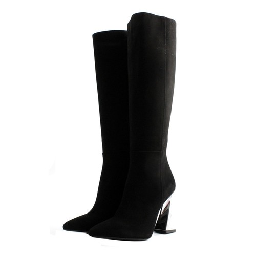 Stivali alti a punta Tiffi donna camoscio nero tacco comodo spirale argento  | eBay