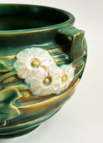 ROSEVILLE ART POTTERY LUFFA DECOR HANDLED JARDINIERE BOWL SHAPE 631-7 GREEN 1934 - Picture 13 of 21