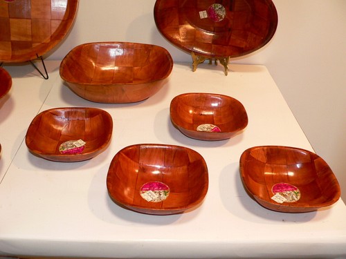 Vtg Parquet Salad Bowl Woven Bamboo Wood 10 Piece New Set MCM Retro - Picture 4 of 9