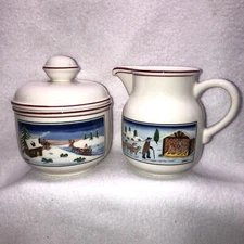 Villeroy & Boch Naif Christmas Creamer and Sugar Bowl w Lid Gerard LaPlau Winter