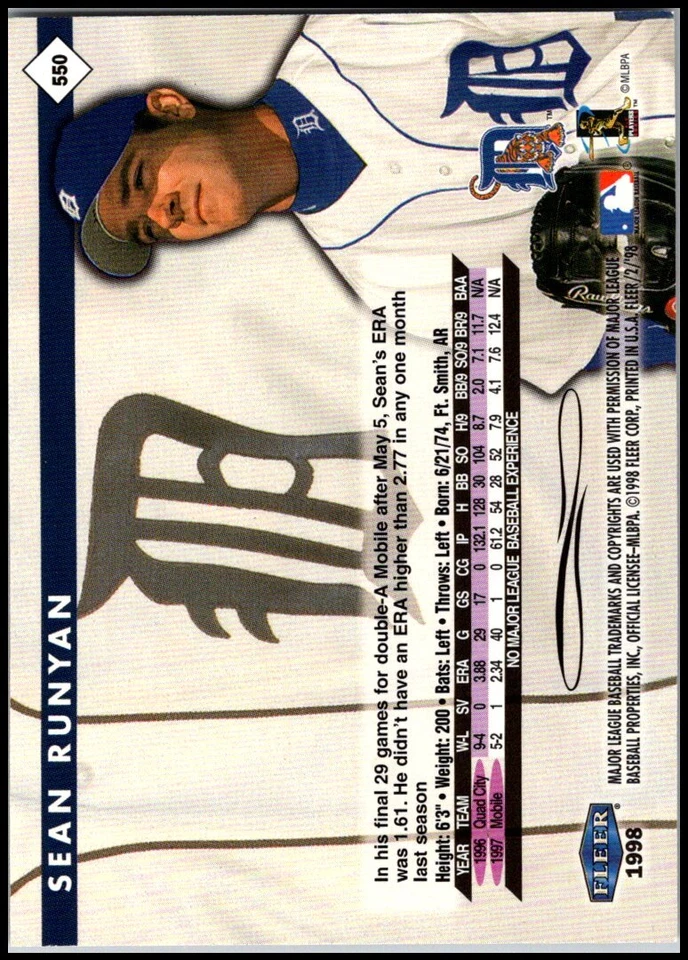 1998 Fleer Tradition #550 Sean Runyan - Rookie RC FREE SHIPPING! - Image 2 of 2