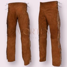 Men's Suede Leather Fringed Pant, Men Western Buckskin Pant, Men Native Pant