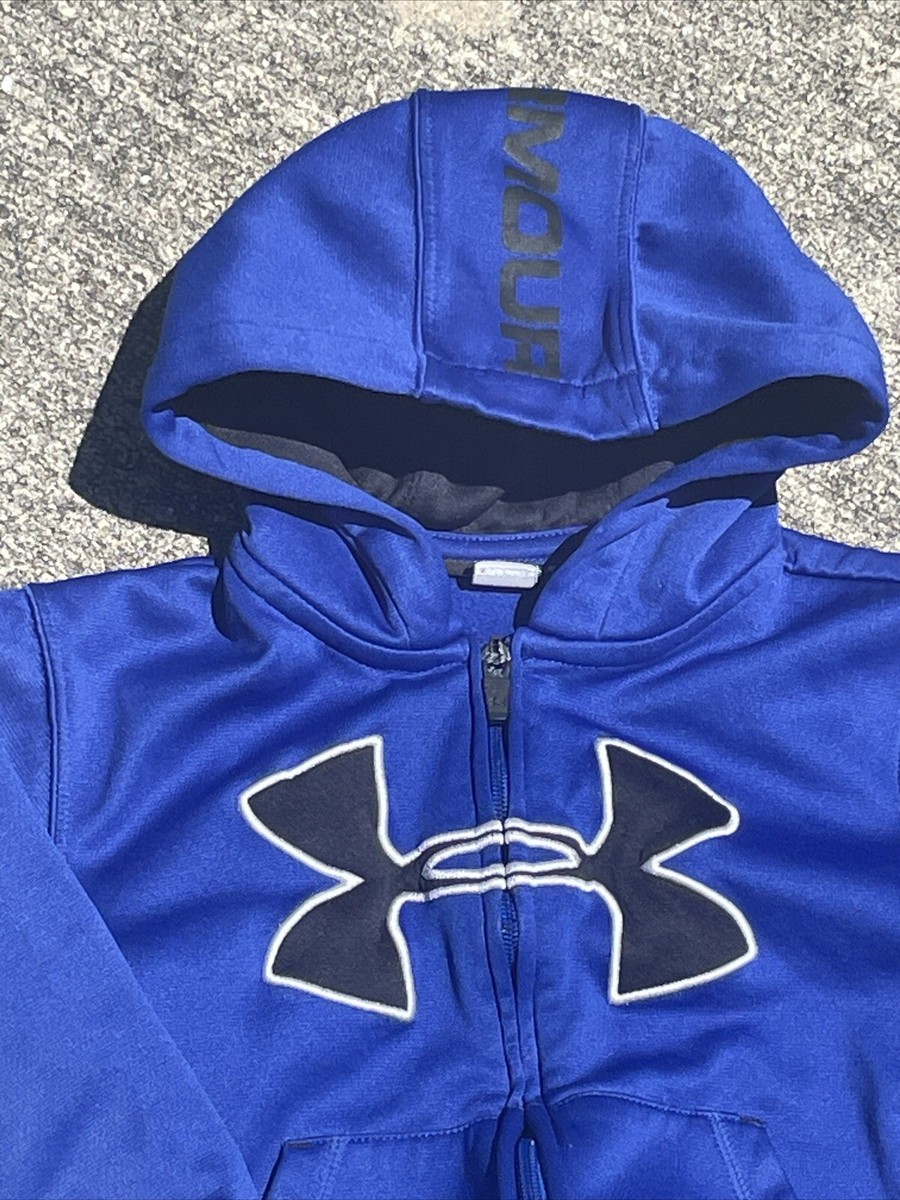 UNDER ARMOUR Cobalt Electric Blue Hoodie Black Writing Jacket Sz 4