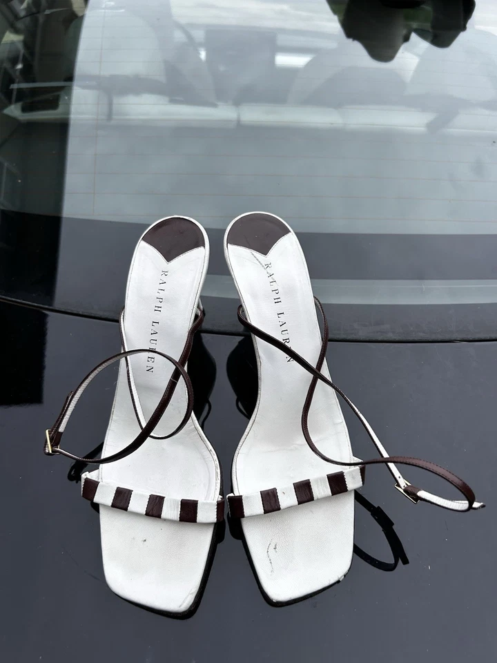 Sandalias Ralph Lauren Marrón y Blanco Rayas Tirantes Tacones Talla 8B Hechas en Italia Foto 3 de 4