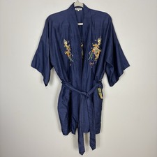 NWT Vintage 100 Silk Hand Embroidered Dragon Kimono Robe Sz XL Navy Blue