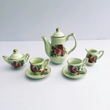 Vintage Miniature Tea Set Roses Floral Gold Trim Complete Set Of 9 Pieces