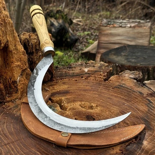 Large Sickle Hand Forged Grass Cutting Harvesting Sickle 52100 Steel Sheath