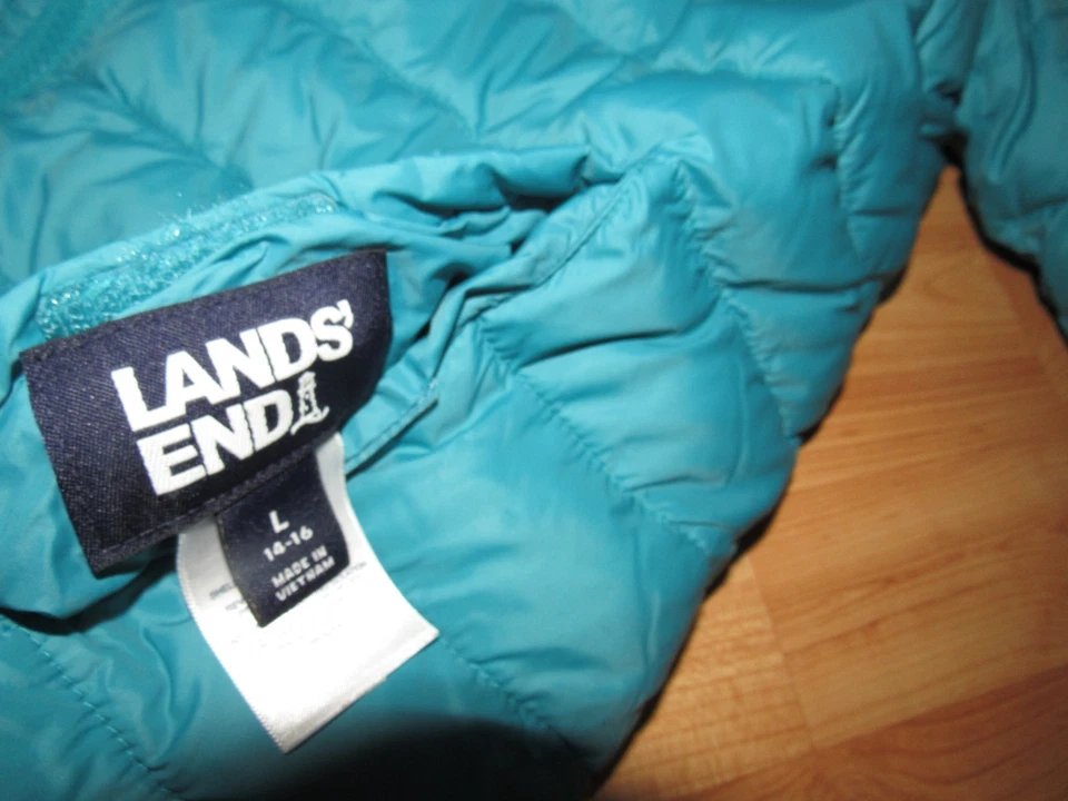 LANDS' END Girl's Large 14 16 Blue Reversible Puffer Jacket Hooded Warm Plush - Image 3 of 4