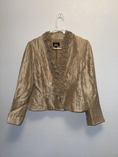 Adrianna Papell Evening Essentials Metallic Gold Blazer Ruffle Collar Size 8