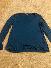 Banana Republic Women's Knit Blue Solid V-Neck Ruffle Long Sleeve Top S