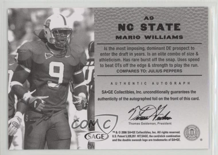 2006 SAGE Hit Auto Gold /250 Mario Williams #A9 Rookie Auto RC - Image 2 of 2