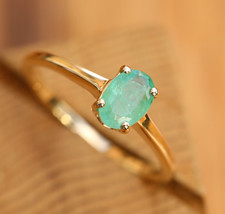 10ct Solid Yellow Gold & Emerald Ring Solitaire Size O Vintage cleaned polished