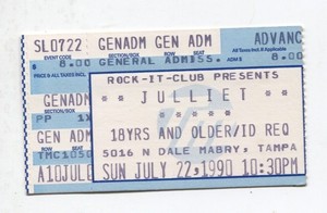 Julliet Rock-It-Club Tampa FL  ticket stub 6/24/1990