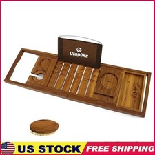 Teak Bathtub Caddy Tray Adjustable Organizer Wine Glass Holder Tablet Space New