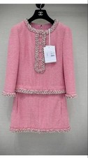CHANEL Pink Tweed Mini Dress Long Sleeve Frill Rare Designer Piece SR2160