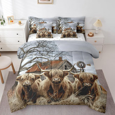 7Pc King Size Highland Cow Comforter Set with Rustic Farmhouse Decor