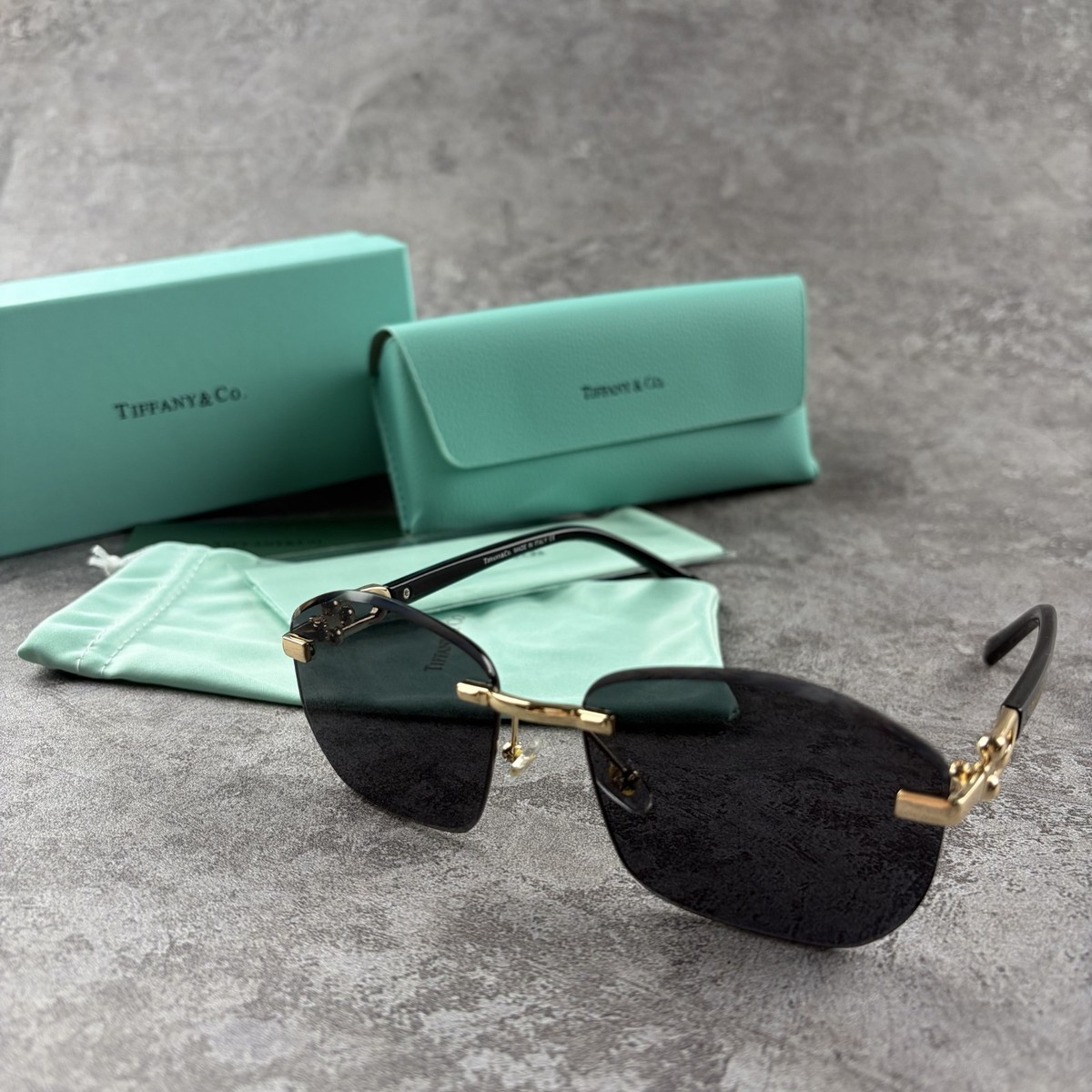 New In Box - Tiffany Rimless Sunglasses Women's Gold Frame Blue