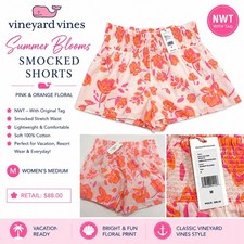 NWT Vineyard Vines Summer Blooms Smocked Shorts Pink Orange Floral M
