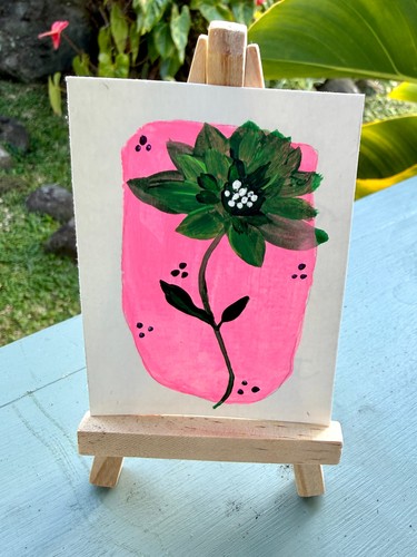 ACEO/ATC Original Acrylic Mini Flower Painting "Lucky Flower" Signed 3.5x2.5