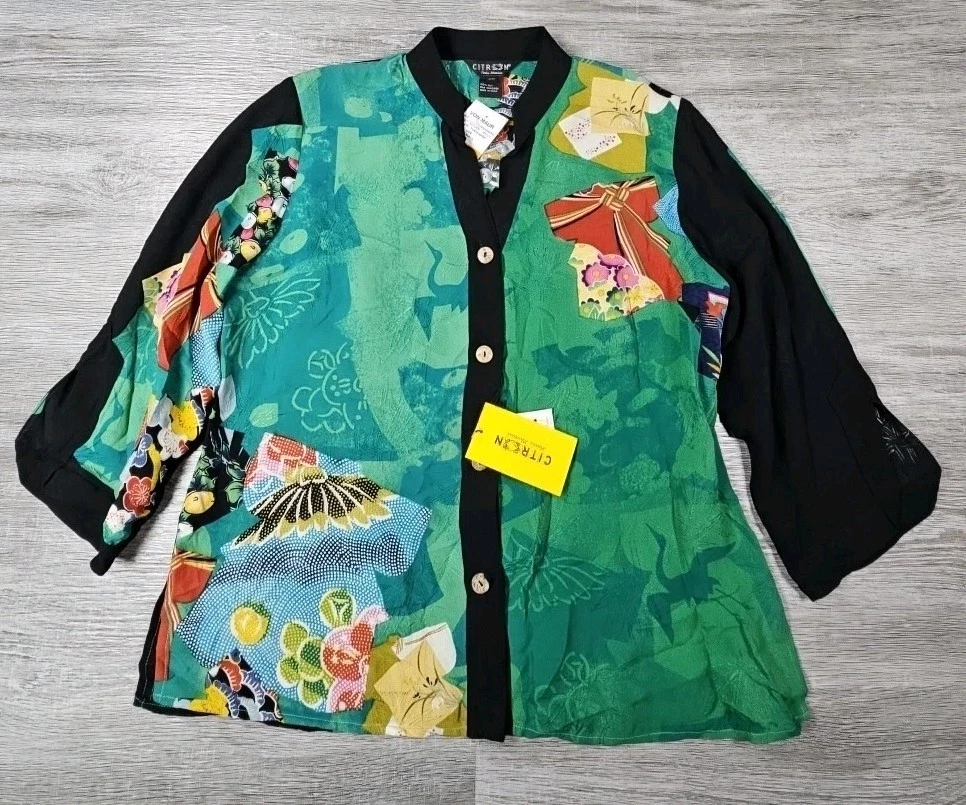 NWT CITRON Santa Monica Womens Asian Theme Floral Button Silk Blouse Size PS