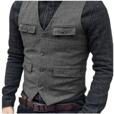 Men Suit Vest Brown Burgundy Herringbone Wool Tweed Vintage Steampunk Waistcoat