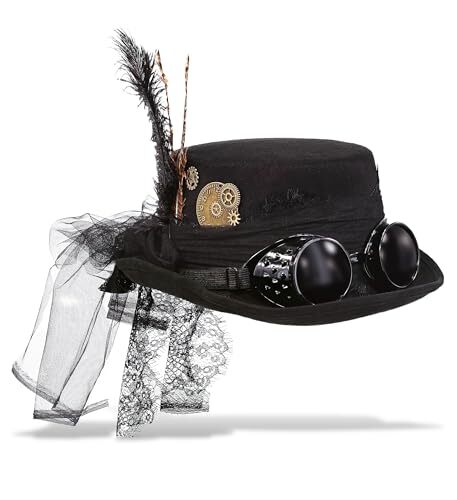 Fedora Steampunk Hat with Goggles, Feathers, and Gears - Black  - Bild 1 von 6