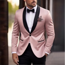Men's Pink Satin Blazer Formal Groom Tuxedos Prom Party Dinner Wedding Suit