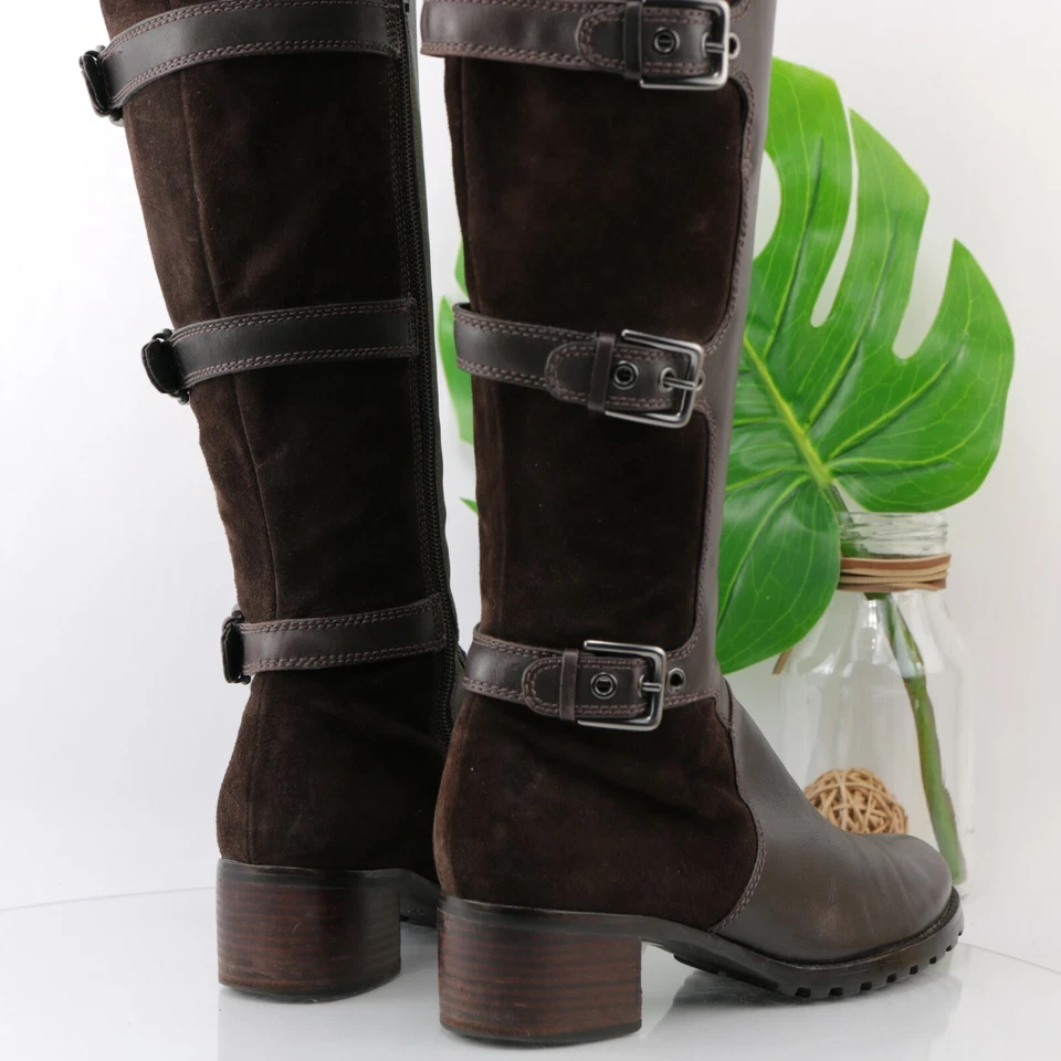 Bota Ecco Mujer Esmeralda Talla 37 6 Marrón Cuero Gamuza Alta Moto Triple Hebilla Foto 4 de 4