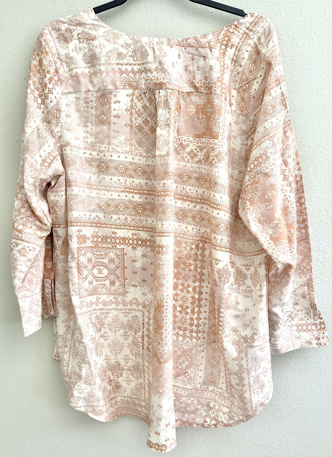 Como Blu Woven Peasant Top Blouse Shirt Boho Geo Metallic Beige Plus