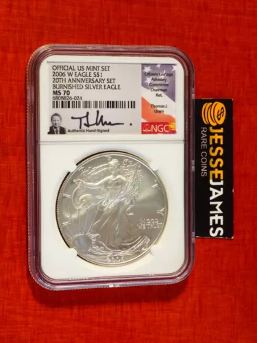 2006 W BURNISHED SILVER EAGLE NGC MS70 URAM SIGNED FROM 20TH ANNIVERSARY SET