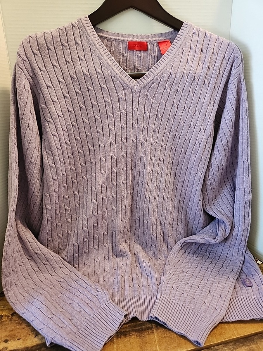IZOD Mens Large Cable Knit Lavender Pullover V Neck Sweater