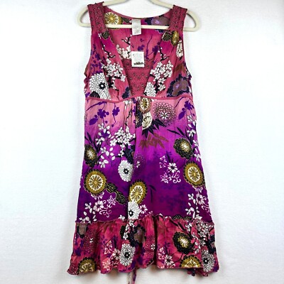 NWT Forbidden Rayon Floral Dress Womens Large Pink Boho Hippie Y2K Beachy Artsy
