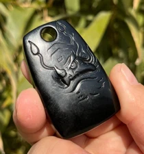 CERTIFIED 55.5g 100% NATURAL XIN JIANG BLACK JADE HAND CARVED ZHONG KUI PENDANT