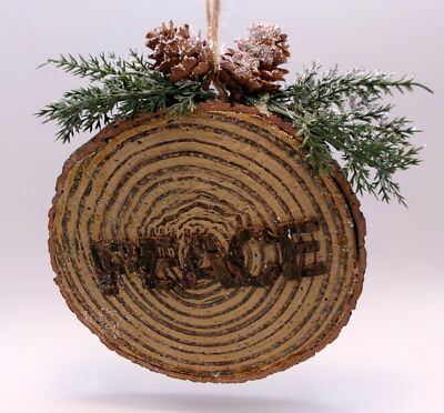 PEACE THEME DECORATED WITH EVERGREEN/PINE CONE TREE SLICE CHRISTMAS ORNAMENT NEW