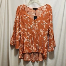 Rachel Zoe Orange White Floral High-Low Top Bell Sleeve S Small New