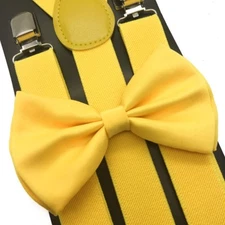 Yellow Clip on Bow-Tie & Suspender Set Tuxedo Wedding Formal Prom (USA Seller)